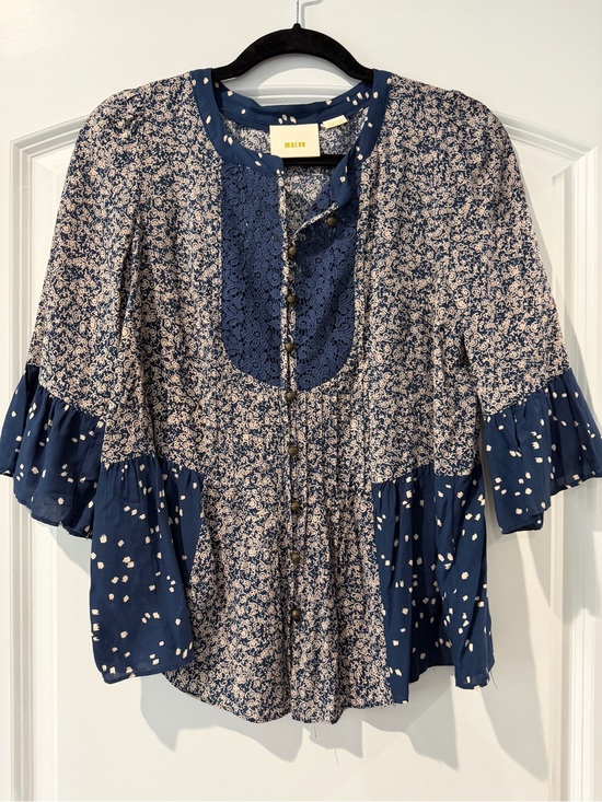 Maeve Tops - Anthropologie- Maeve Navy Mixed Floral & Dot Button-Up Blouse (0)